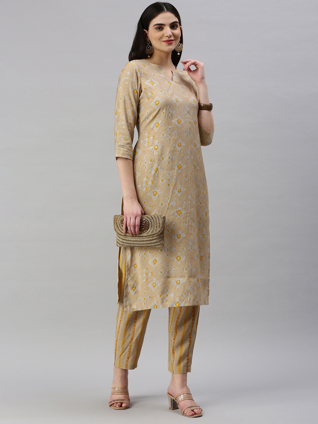 

KALINI Women Ethnic Motifs Printed Regular Chanderi Cotton Kurta With Trousers, Beige