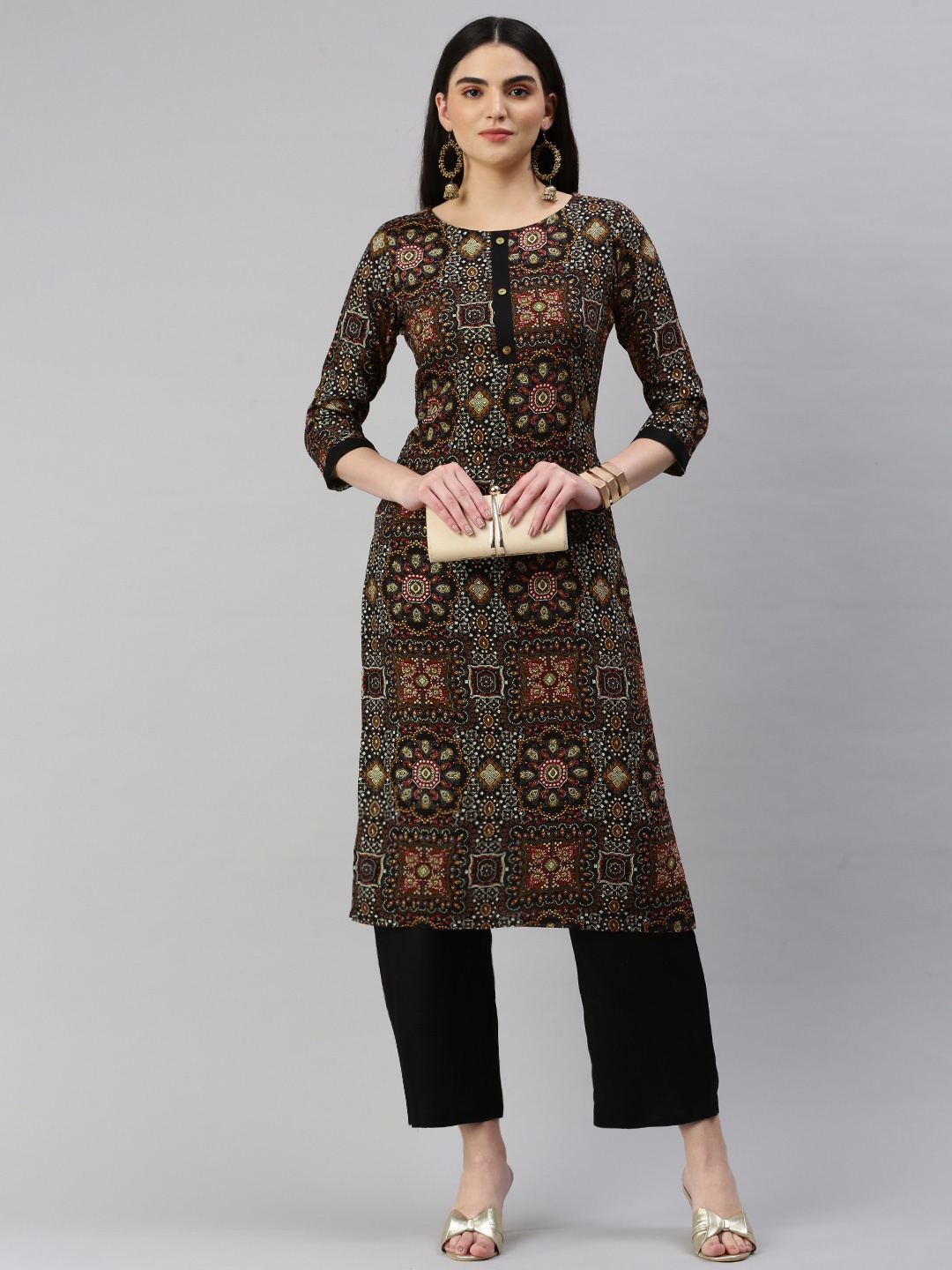 

KALINI Women Ethnic Motifs Printed Regular Kurta With Trousers, Black
