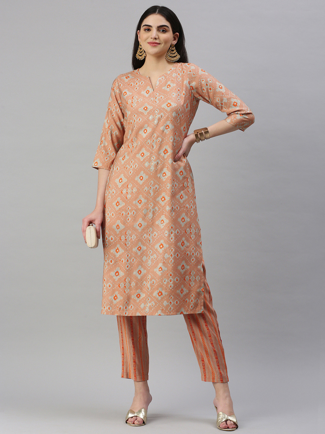 

KALINI Women Ethnic Motifs Printed Regular Chanderi Cotton Kurta With Trousers, Peach