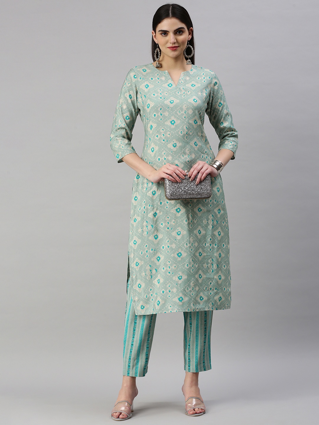 

KALINI Ethnic Motifs Printed Regular Chanderi Cotton Kurta With Trousers, Grey