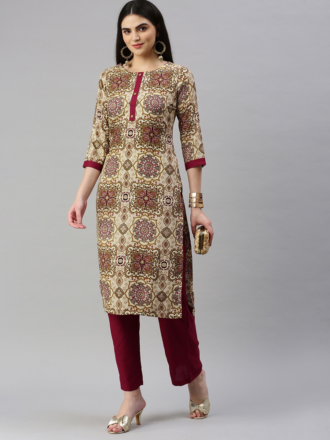 

KALINI Women Ethnic Motifs Printed Regular Kurta With Trousers, Beige