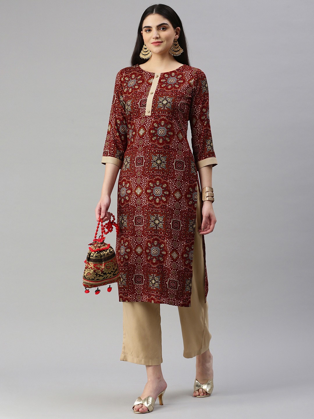 

KALINI Women Ethnic Motifs Printed Regular Kurta With Trousers, Maroon