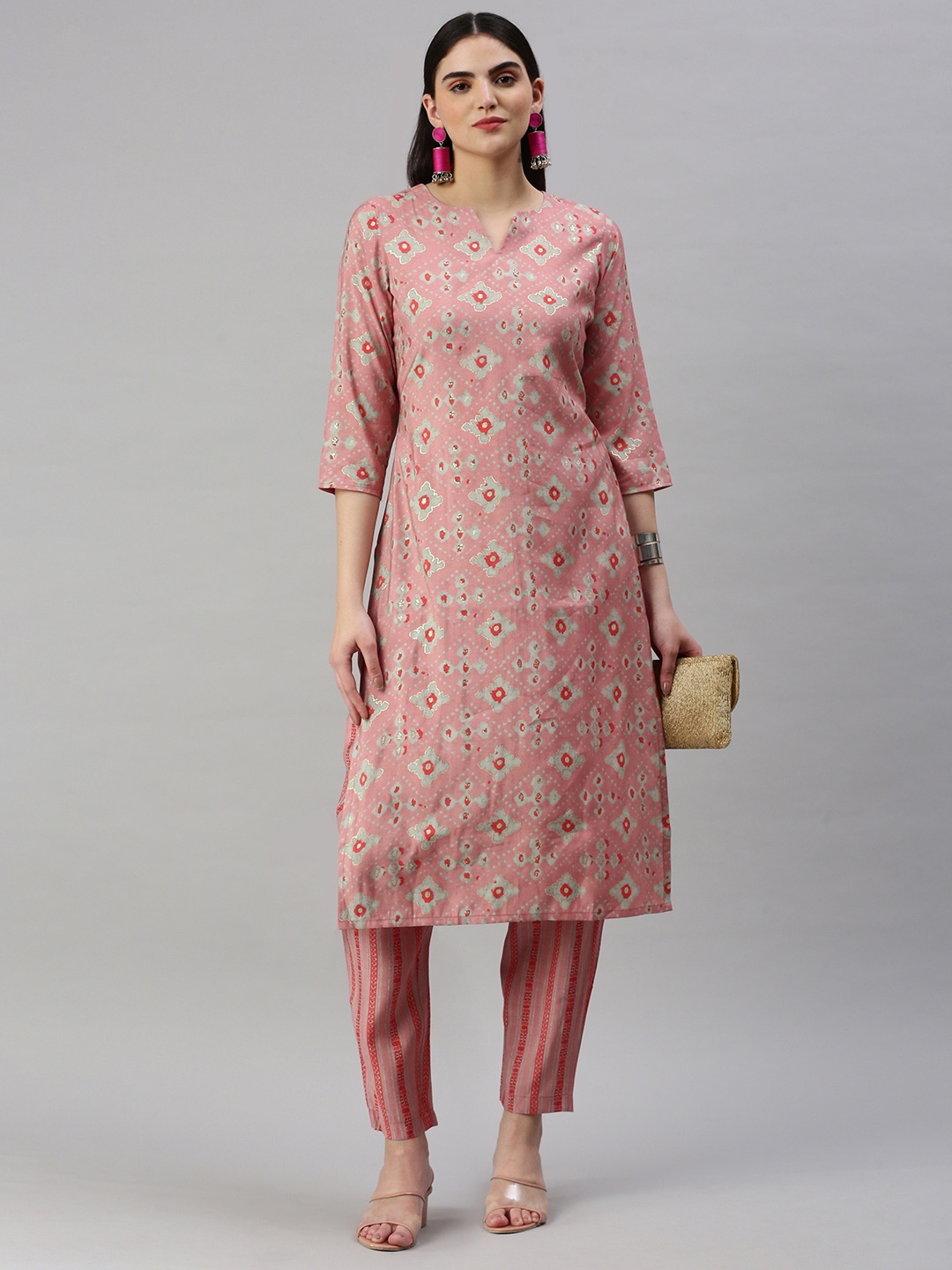 

KALINI Ethnic Motifs Printed Regular Chanderi Cotton Kurta With Trousers, Pink