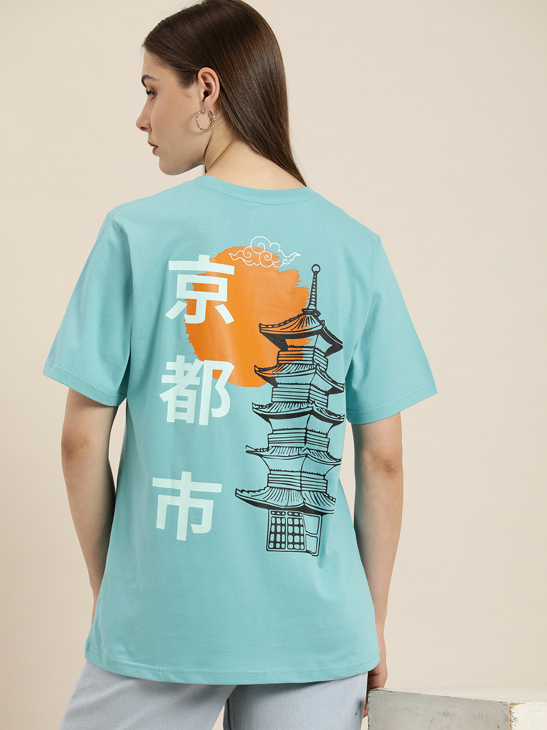 

Difference of Opinion Pure Cotton Printed Applique Oversized T-shirt, Blue