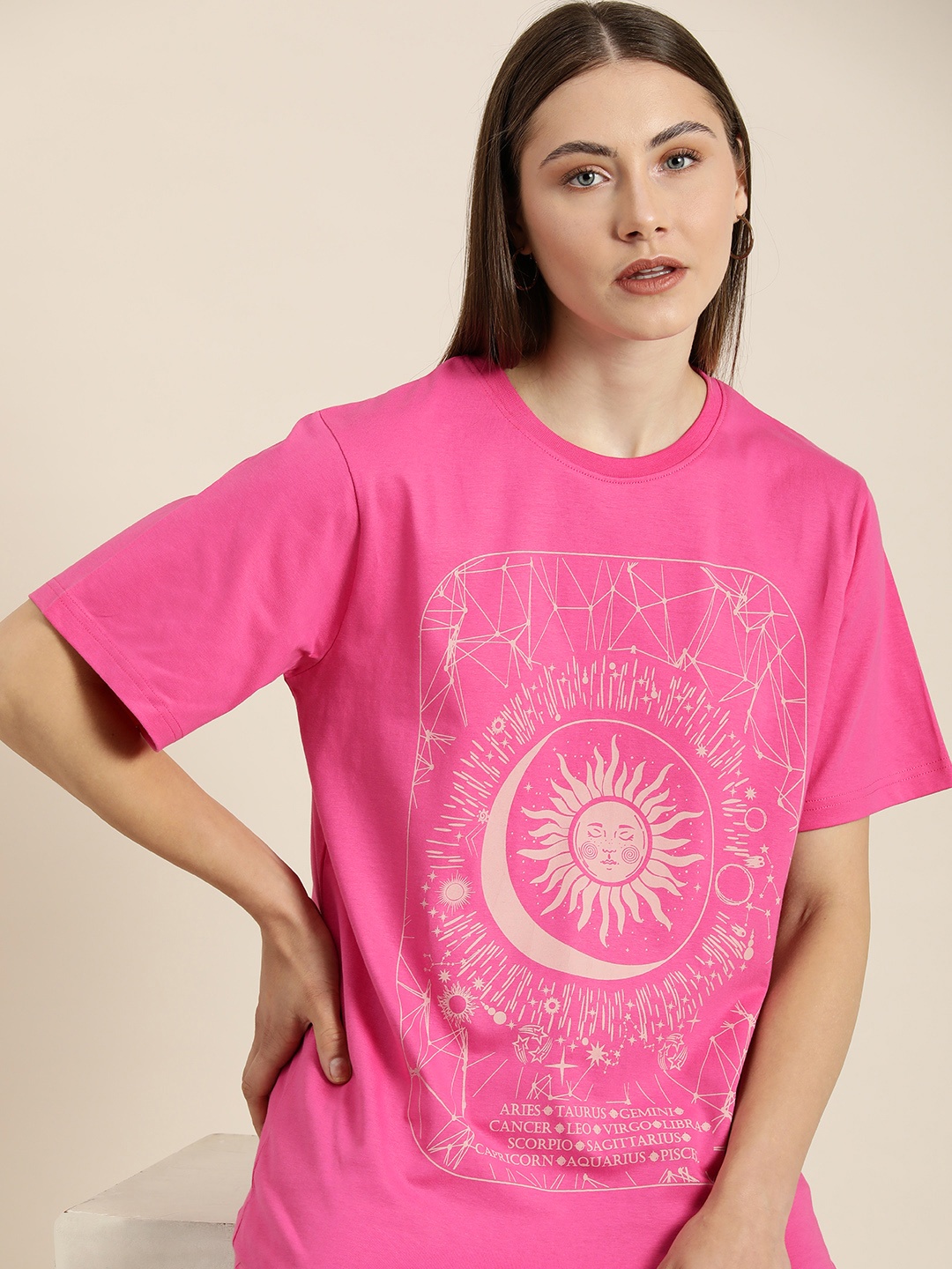 

Difference of Opinion Pure Cotton Printed Oversized T-shirt, Pink