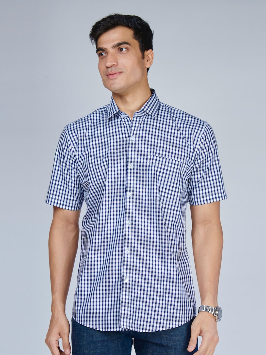 

MARK & ALBERT Checked Spread Collar Cotton India Slim Casual Shirt, Blue