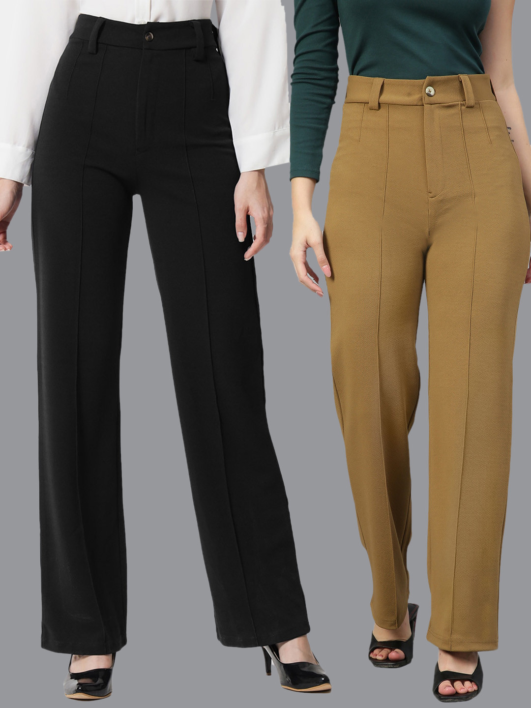 

KOTTY BIZwear Women Pack Of 2 Straight Fit High-Rise Easy Wash Parallel Trousers, Black