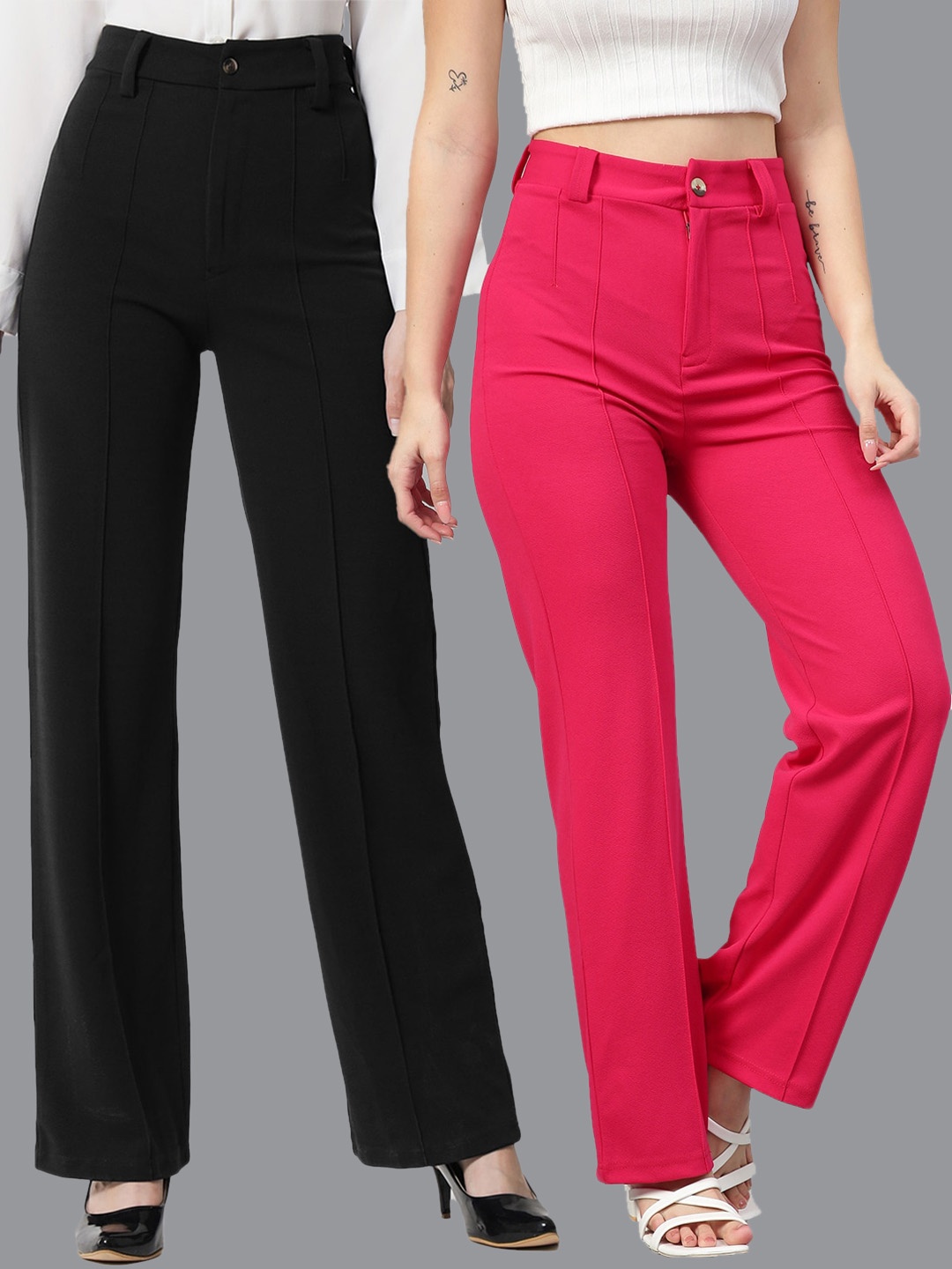 

KOTTY BIZwear Women Pack Of 2 Straight Fit High-Rise Easy Wash Parallel Trousers, Black