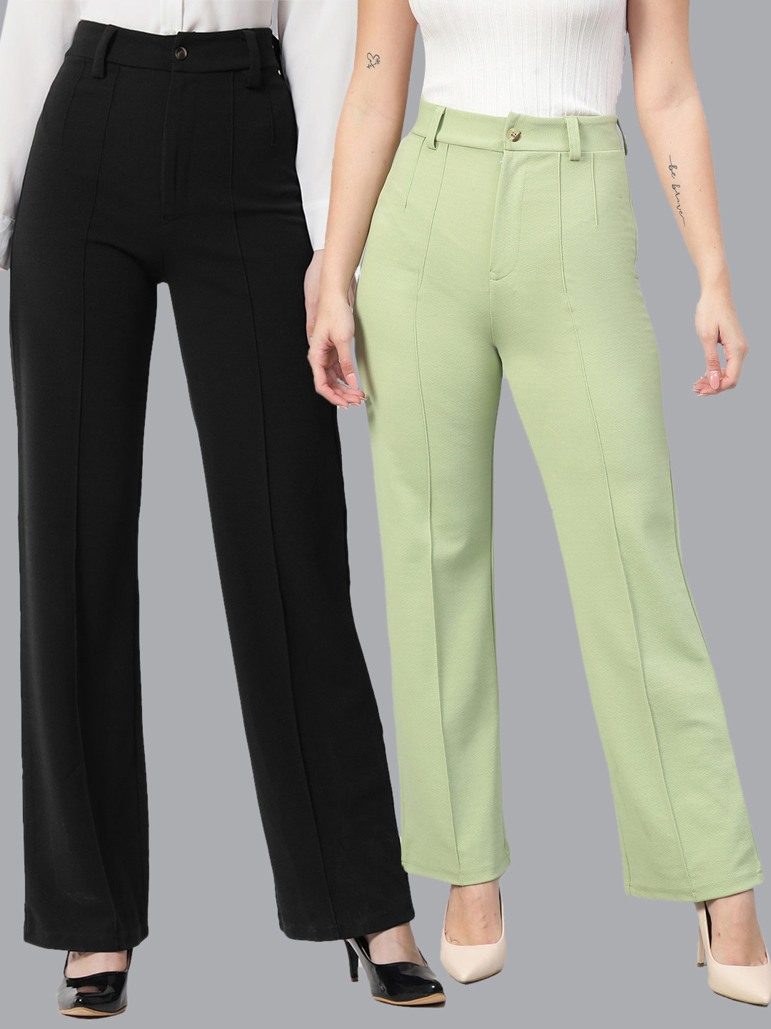 

Kotty Women Pack Of 2 Straight Fit High-Rise Easy Wash Parallel Trousers, Black
