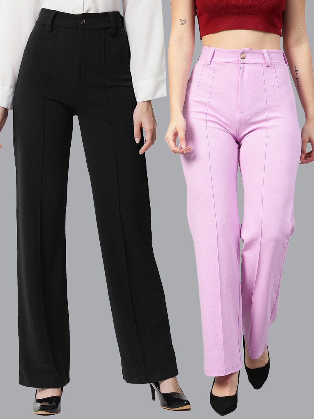 

Kotty Women Pack Of 2 Straight Fit High-Rise Easy Wash Parallel Trousers, Black
