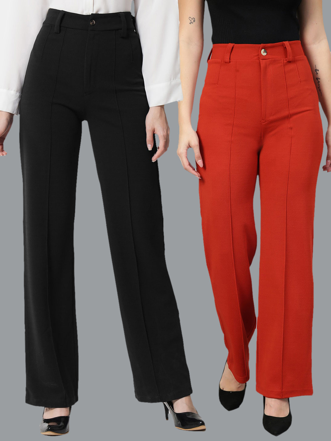 

Kotty Women Pack Of 2 Straight Fit High-Rise Easy Wash Parallel Trousers, Black