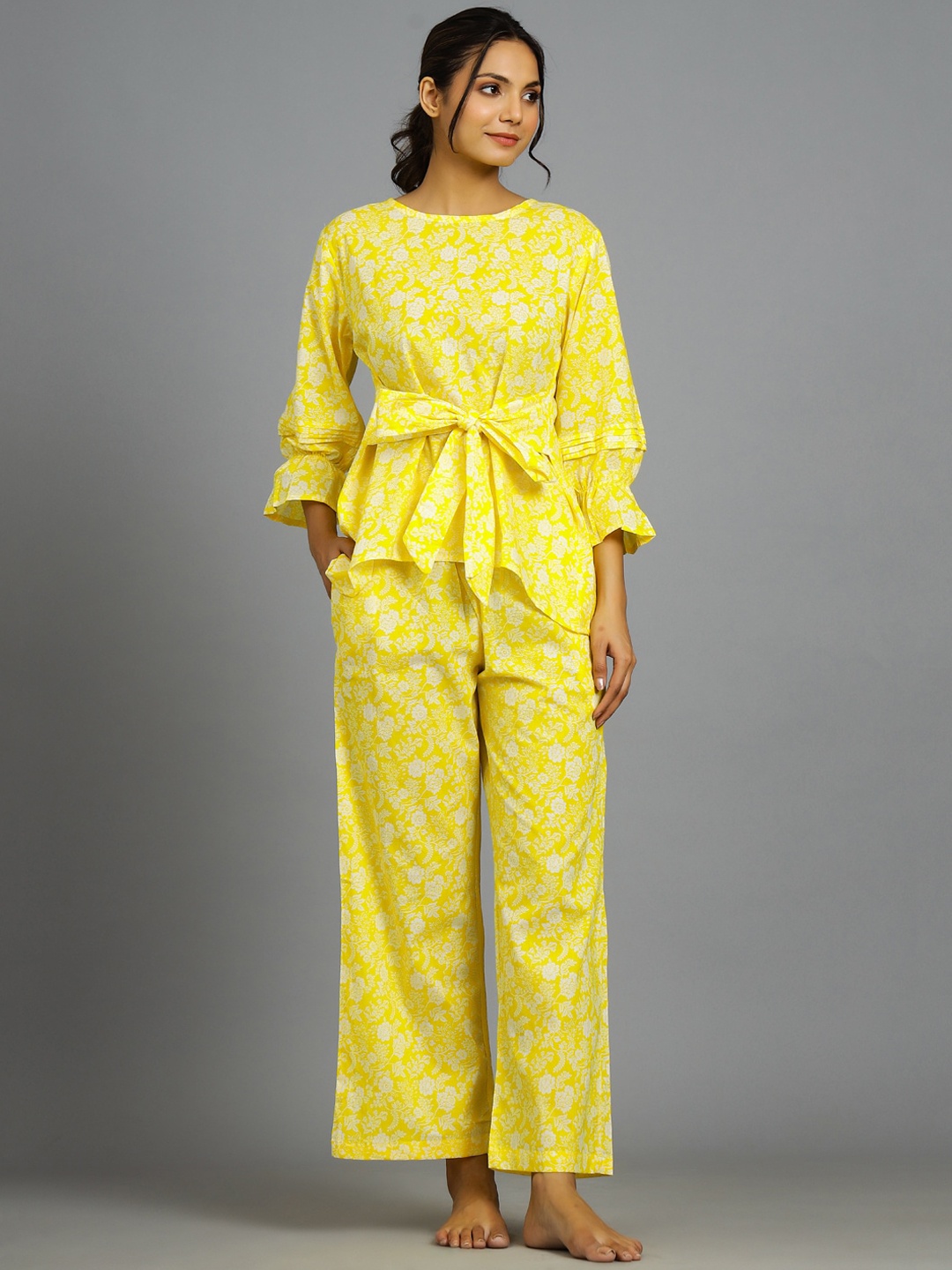 

HANDICRAFT PALACE Floral Printed Pure Cotton Night Suit, Yellow