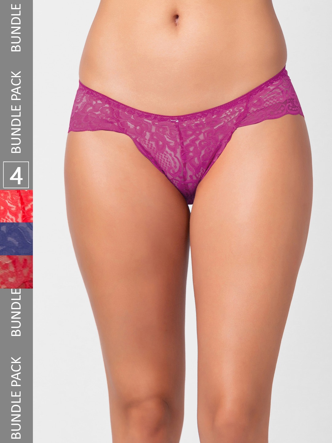 

NOIRA Women Pack Of 4 Self Design Assorted Lace Thongs Briefs