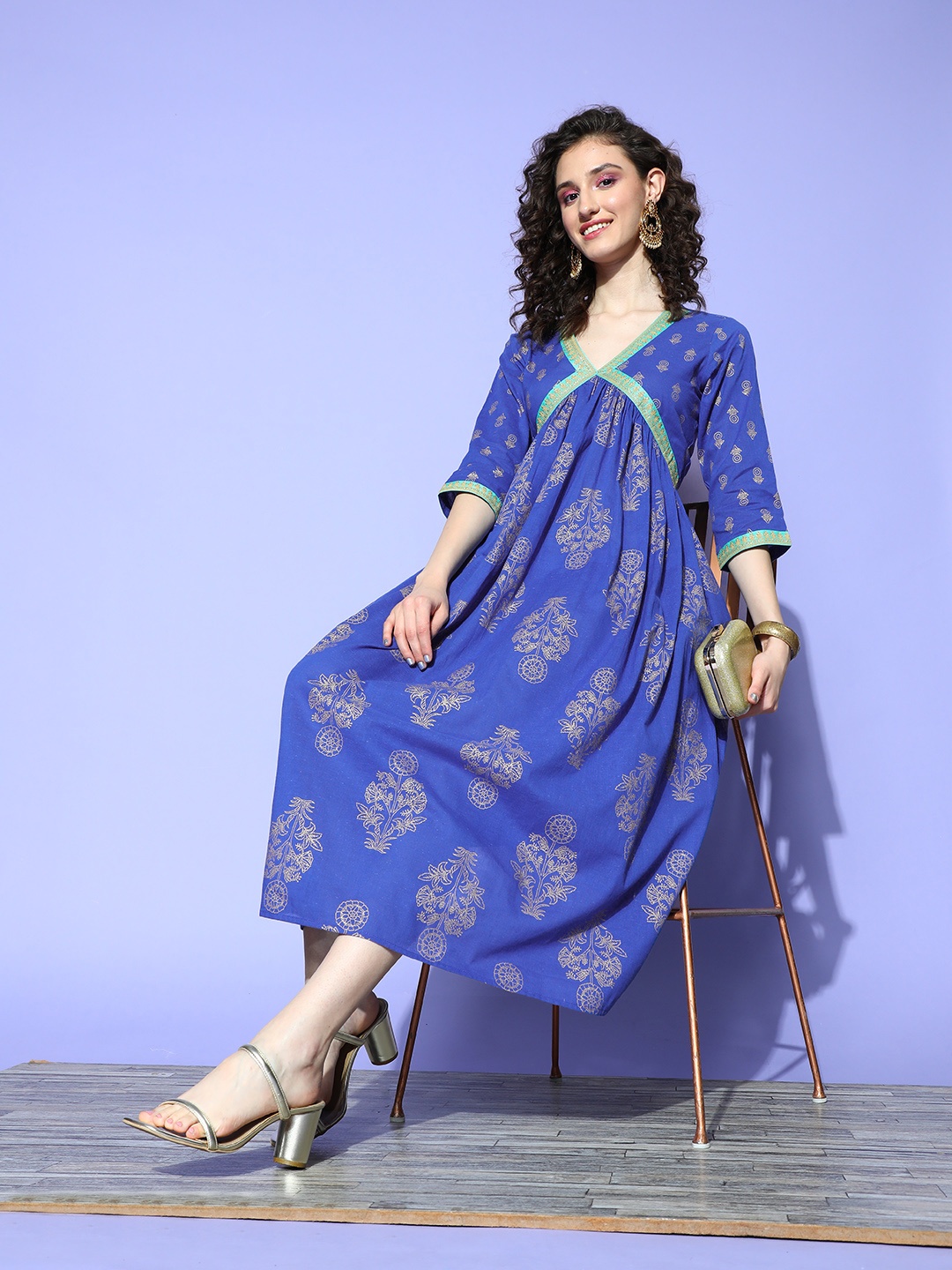 

Ahalyaa Blue Floral Print Midi Empire Pure Cotton Ethnic Dress