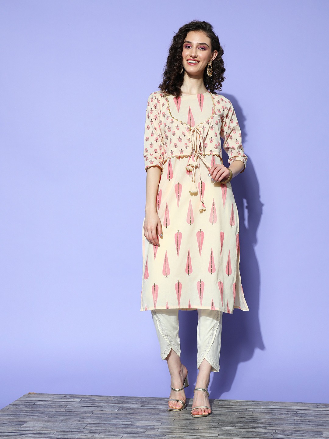 

Ahalyaa Beige & Pink Geometric Printed Pure Cotton Kurta