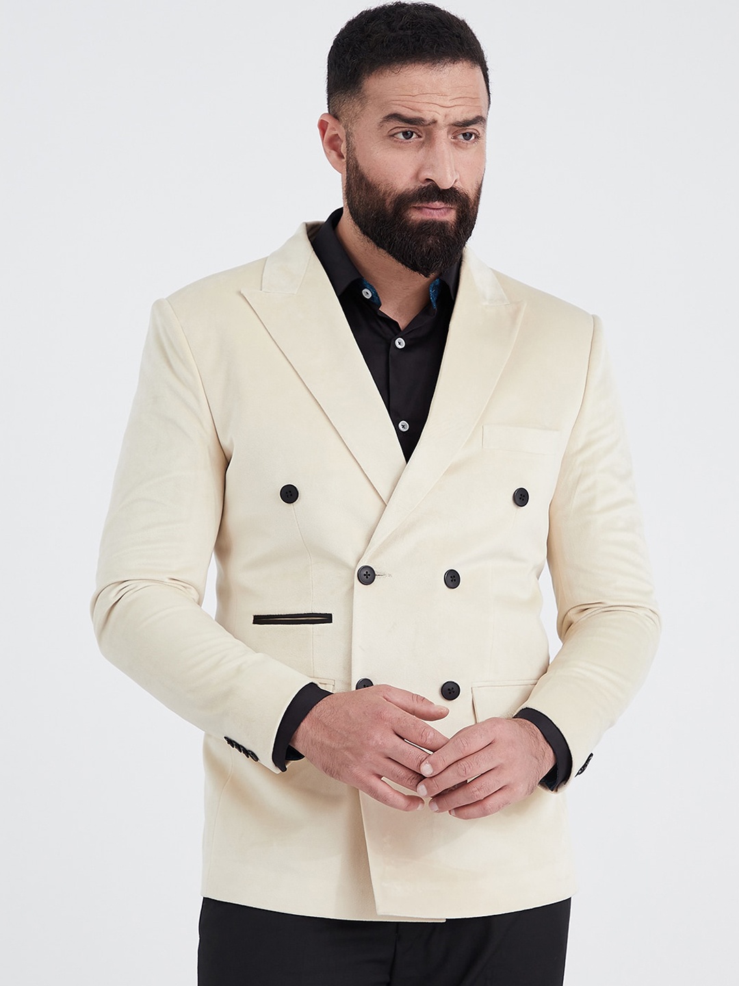 

MR BUTTON Velvet Slim-Fit Double-Breasted Blazer, Beige