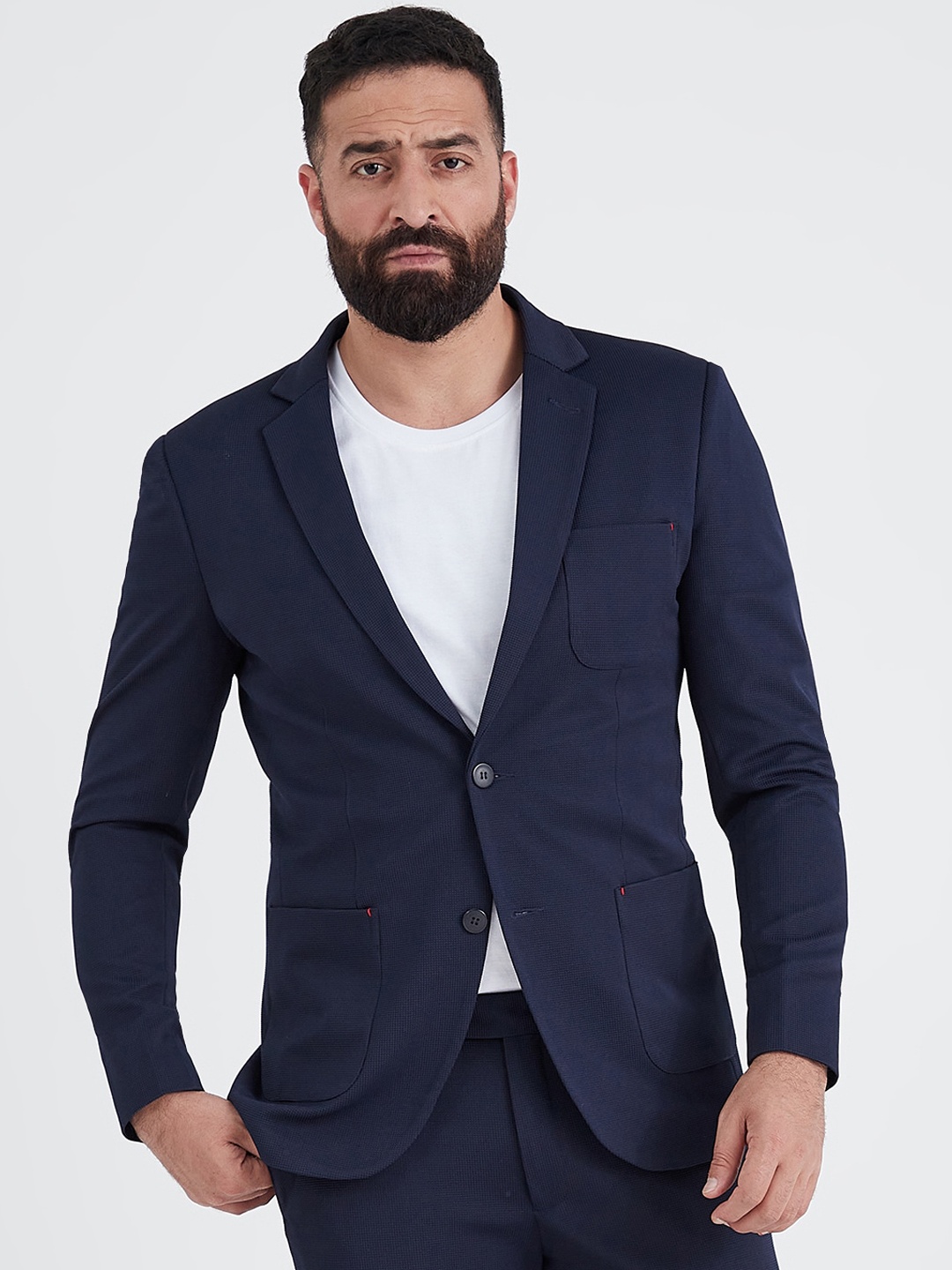 

MR BUTTON Men Self Design Slim Fit Single-Breasted Casual Blazer, Navy blue