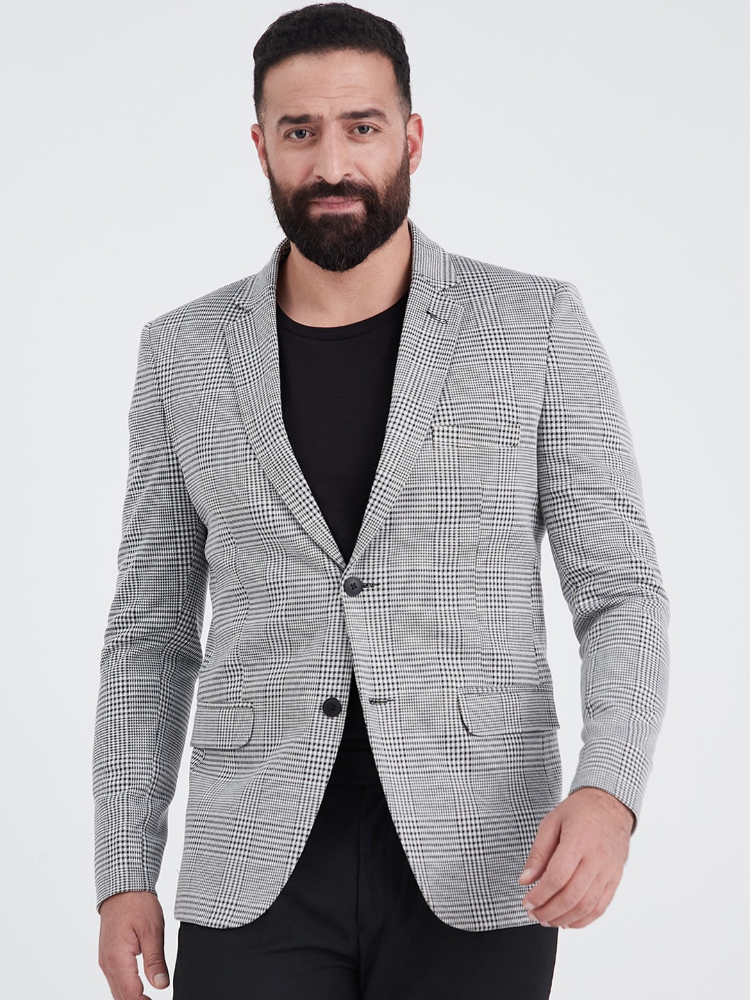 

MR BUTTON Men Checked Slim Fit Single-Breasted Cotton Casual Blazer, Black