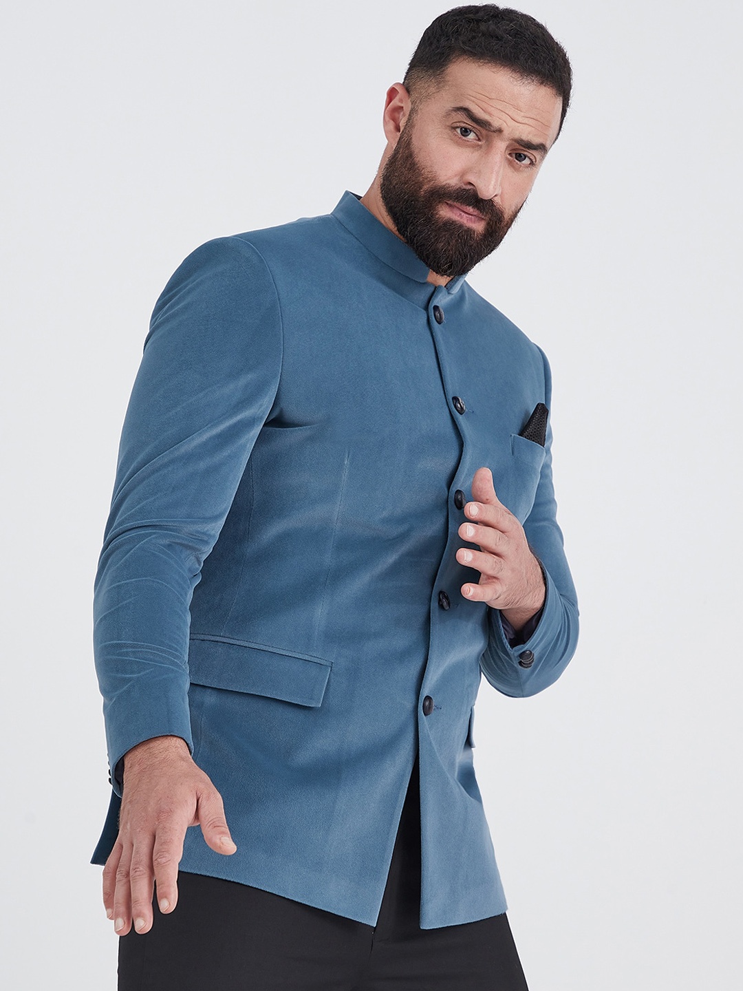 

MR BUTTON Men Slim-Fit Bandhgala Blazer, Blue