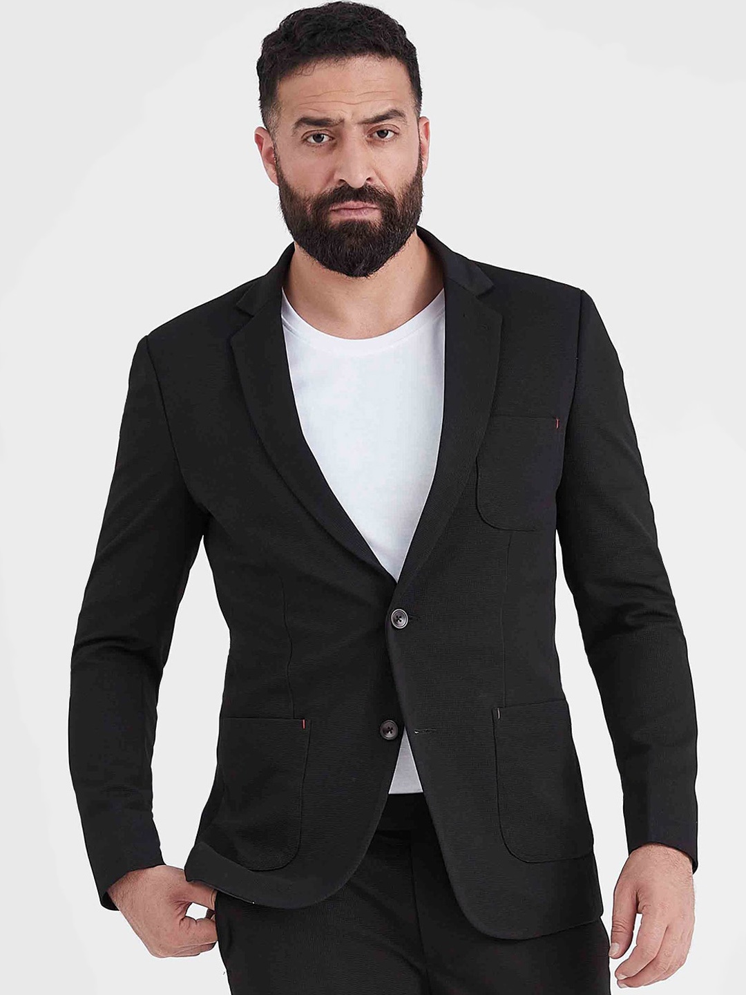 

MR BUTTON Men Self Design Slim Fit Single-Breasted Casual Blazer, Black