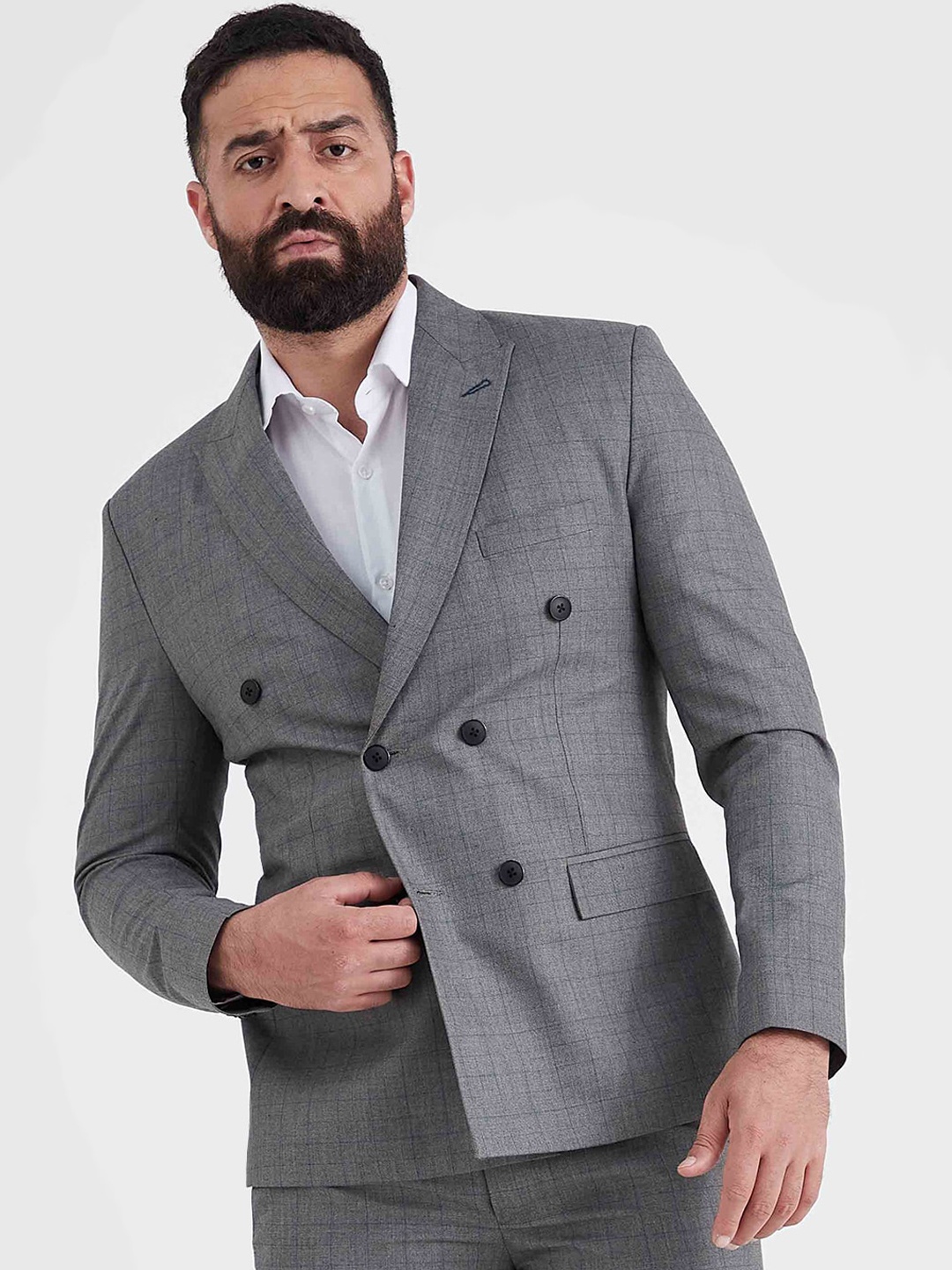 

MR BUTTON Checked Double-Breasted Slim-Fit Blazer, Grey