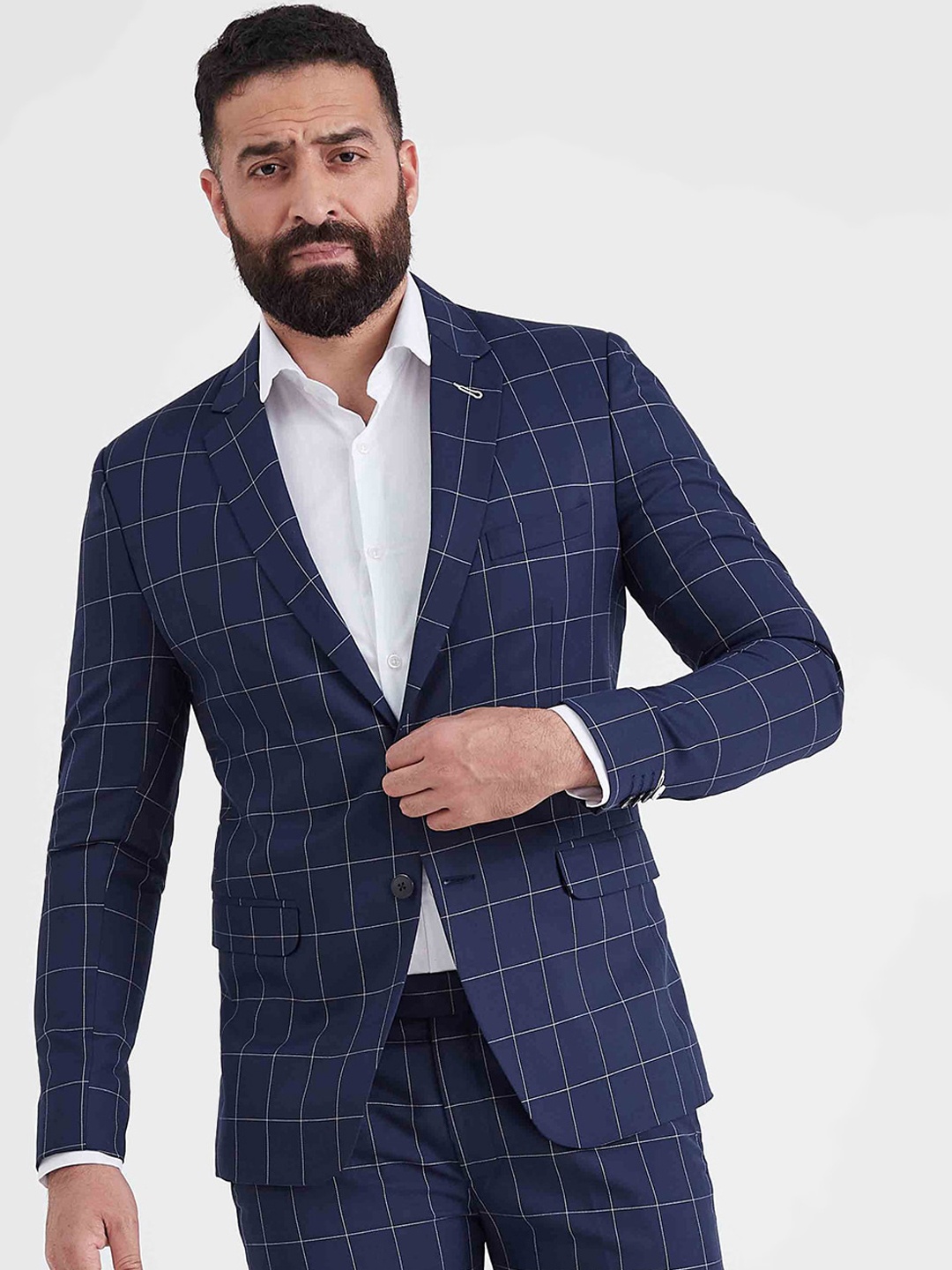 

MR BUTTON Checked Slim-Fit Single-Breasted Blazer, Navy blue