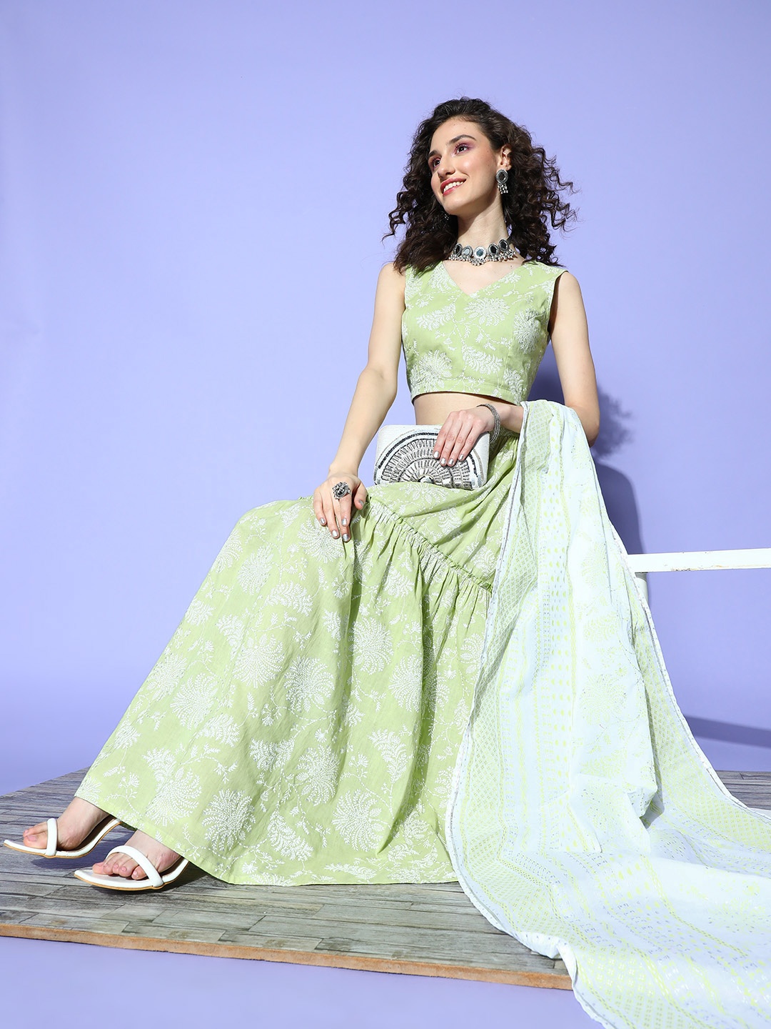 

Ahalyaa Printed Khari Print Ready to Wear Pure Cotton Lehenga & Blouse With Dupatta, Green