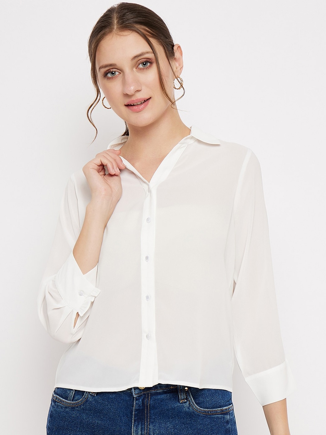 

Madame Spread Collar Three-Quarter Sleeves Casual Shirt, White