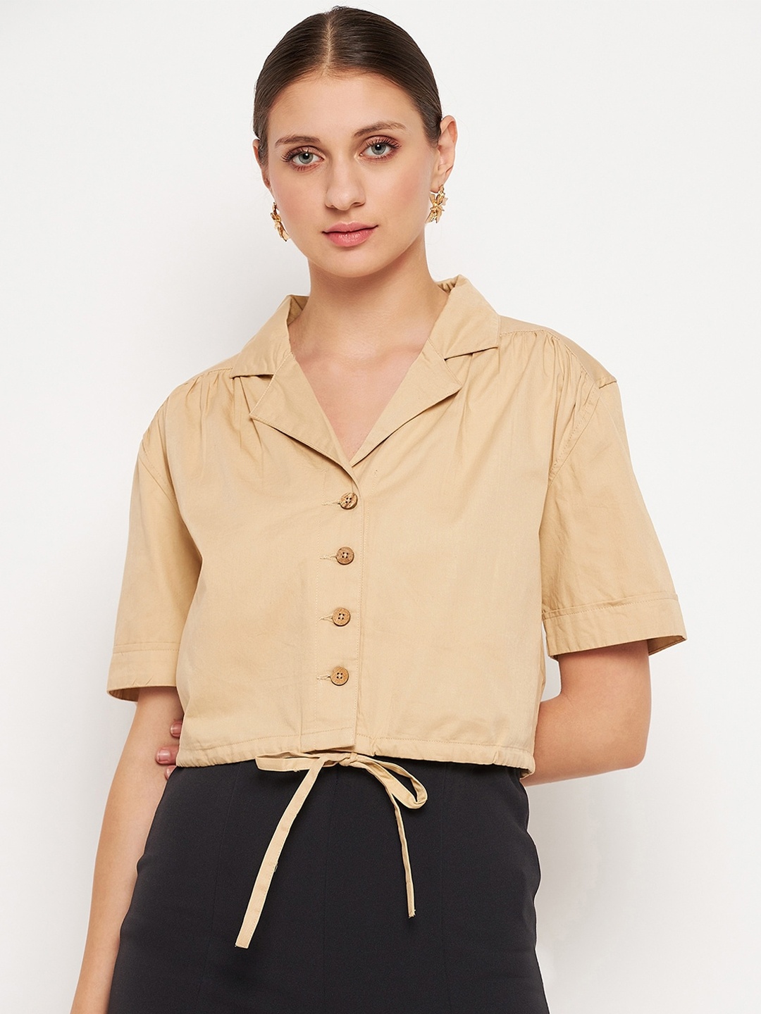 

Madame Cuban Collar Cotton Casual Crop Shirt, Khaki