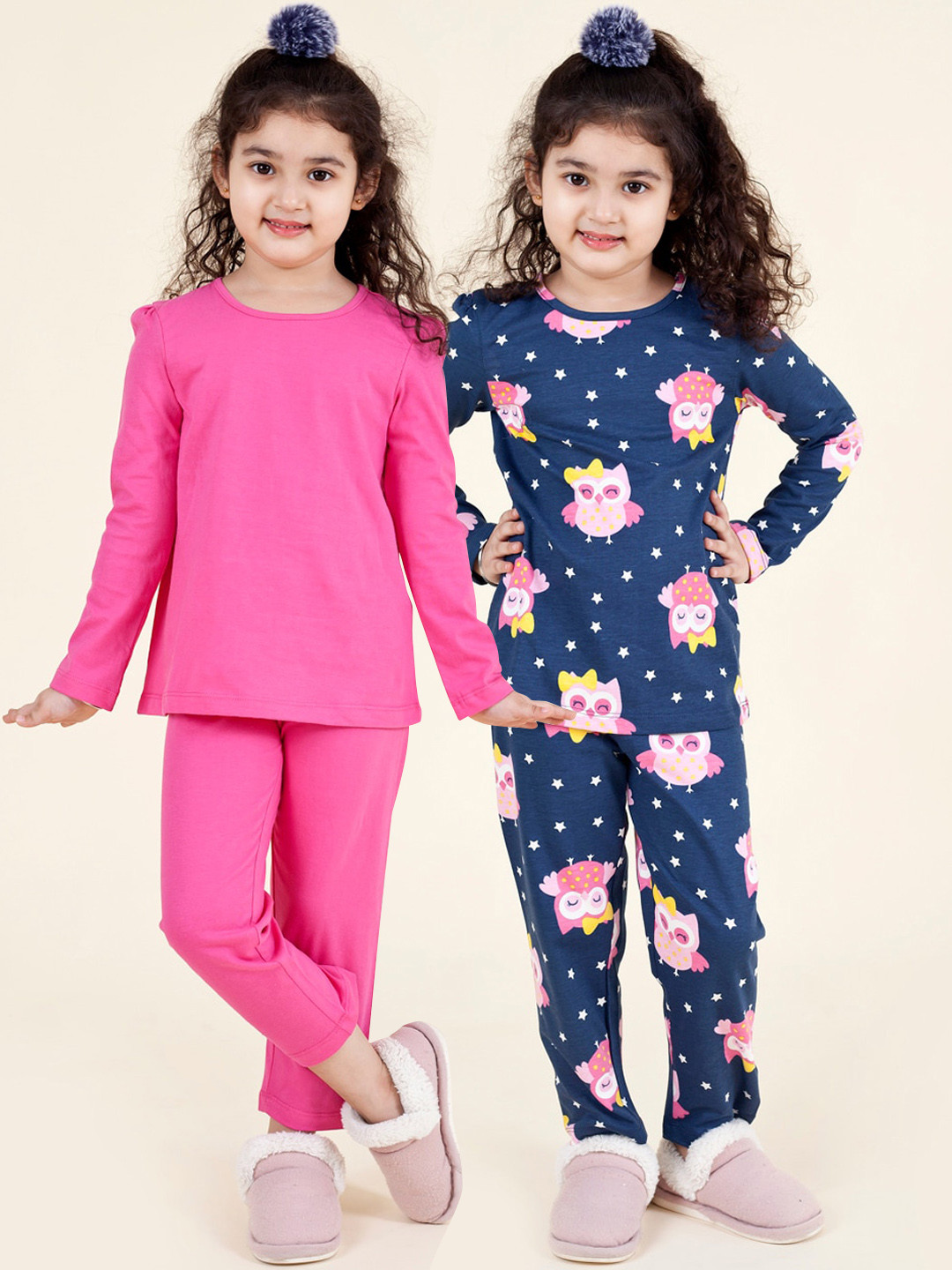 

pspeaches Girls Pack Of 2 Conversational Printed Pure Cotton Night Suit, Navy blue