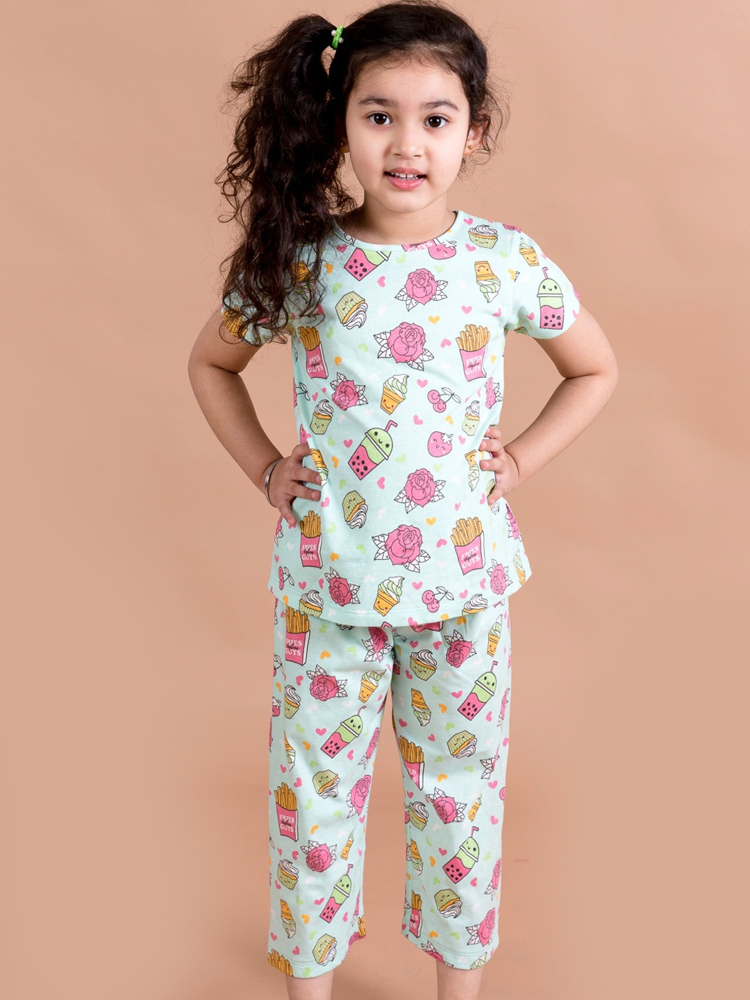 

pspeaches Girls Conversational Printed Pure Cotton Night Suit, Green