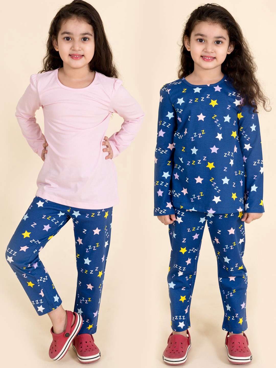 

pspeaches Girls Pack Of 2 Conversational Printed Pure Cotton Night Suit, Navy blue