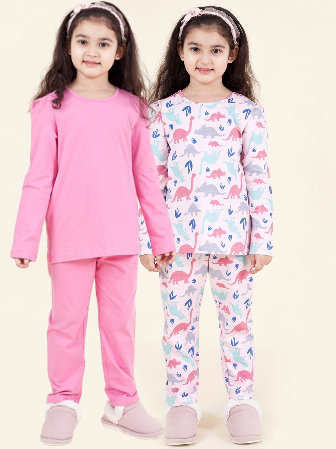 

pspeaches Girls Pack Of 2 Graphic Printed Pure Cotton Night Suit, Pink