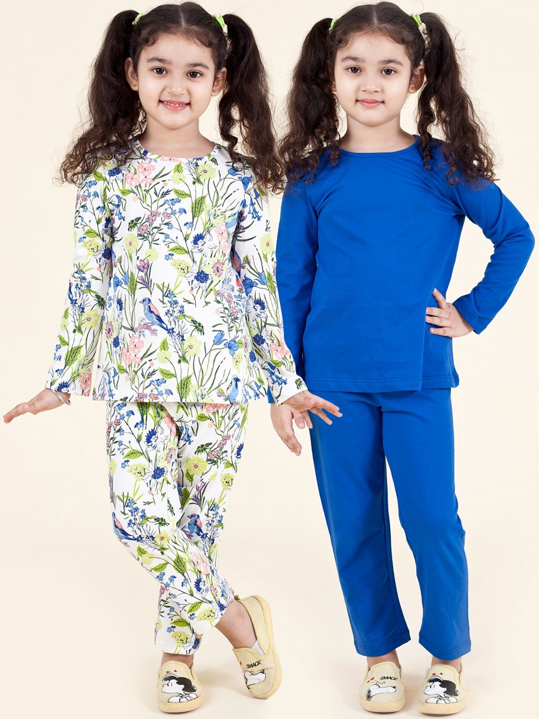 

pspeaches Girls Pack Of 2 Conversational Printed Pure Cotton Night Suit, Navy blue