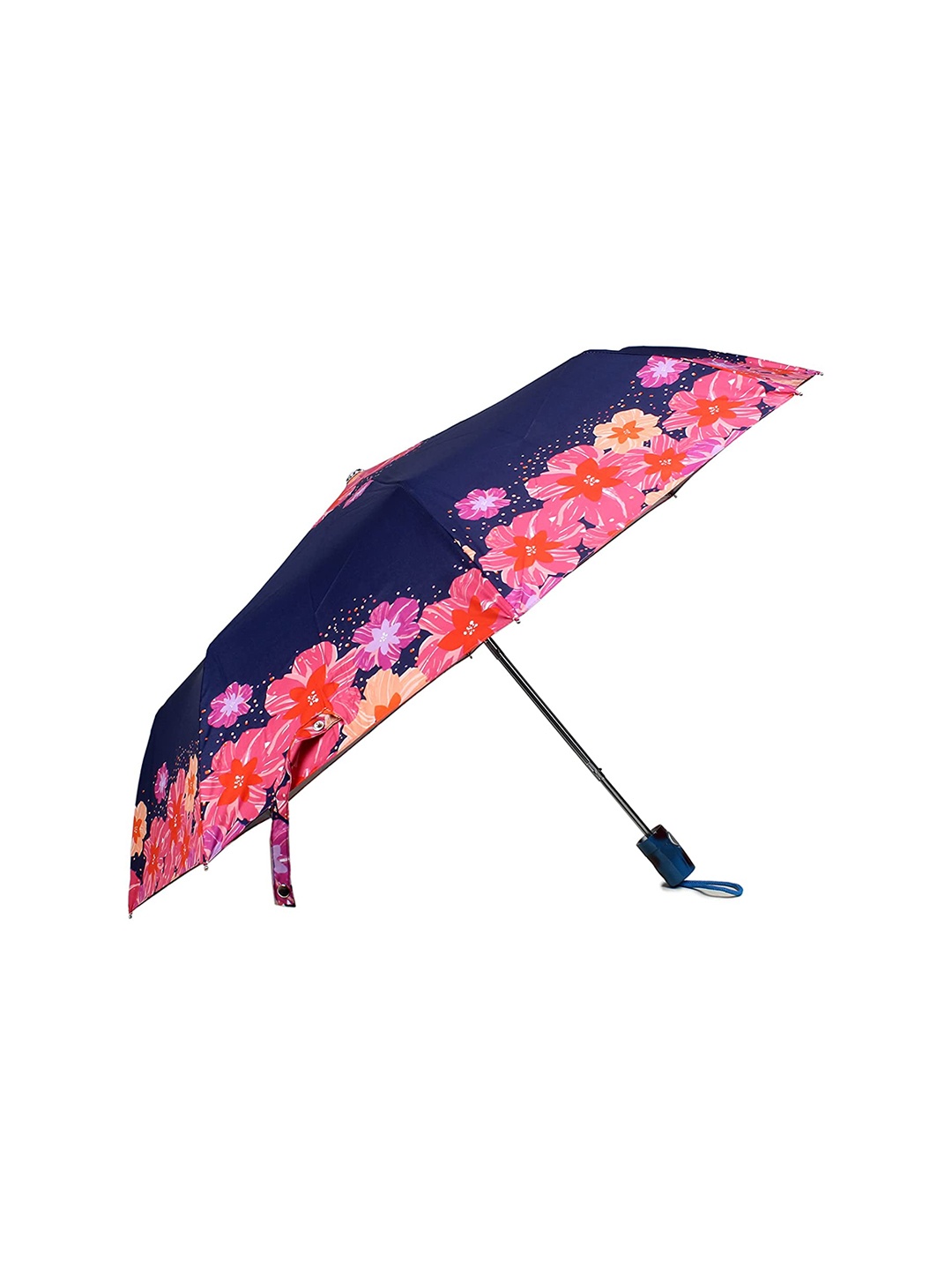 

THE CLOWNFISH Floral Printed 3-Fold Semi-Automatic Waterproof Umbrella, Navy blue