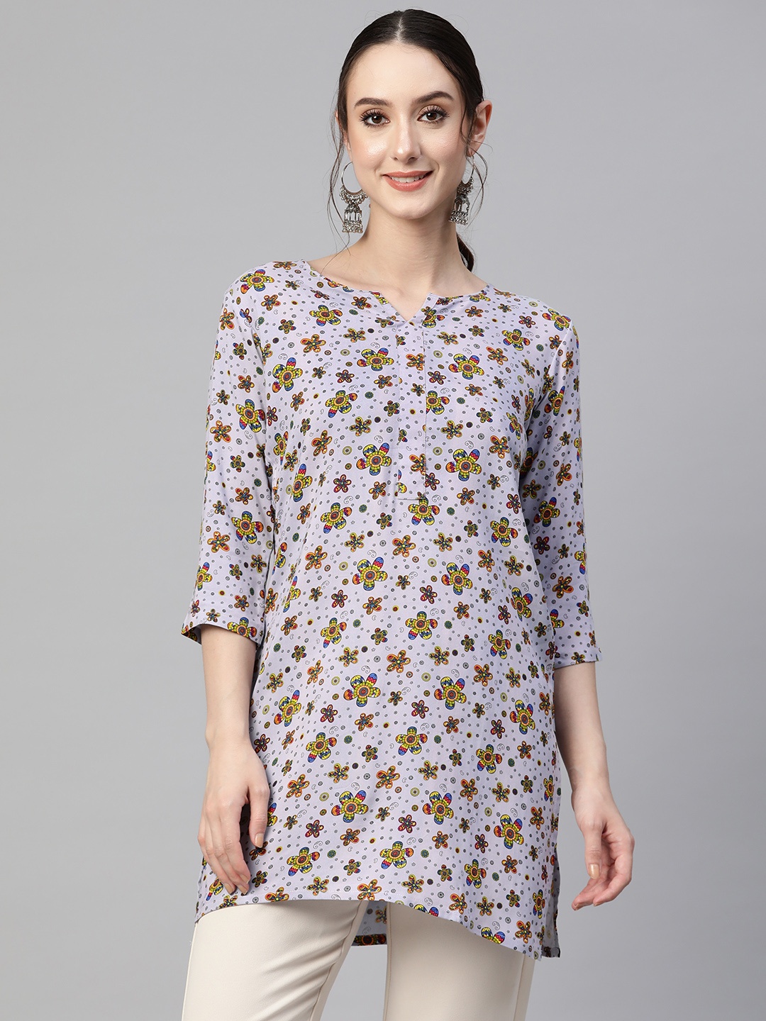

One Femme Ethnic Motifs Printed Kurti, Grey