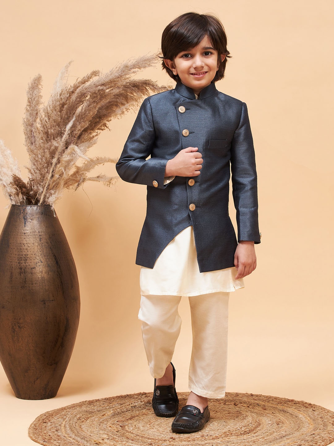 

VASTRAMAY Boys Angrakha Sherwani With Kurta & Pyjamas Set, Grey