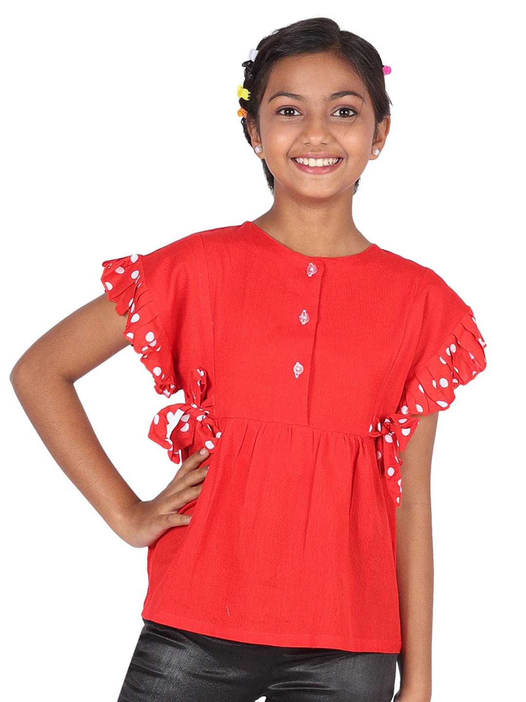 

Blooming Girls flowers Extended Sleeves Ruffles Top, Red