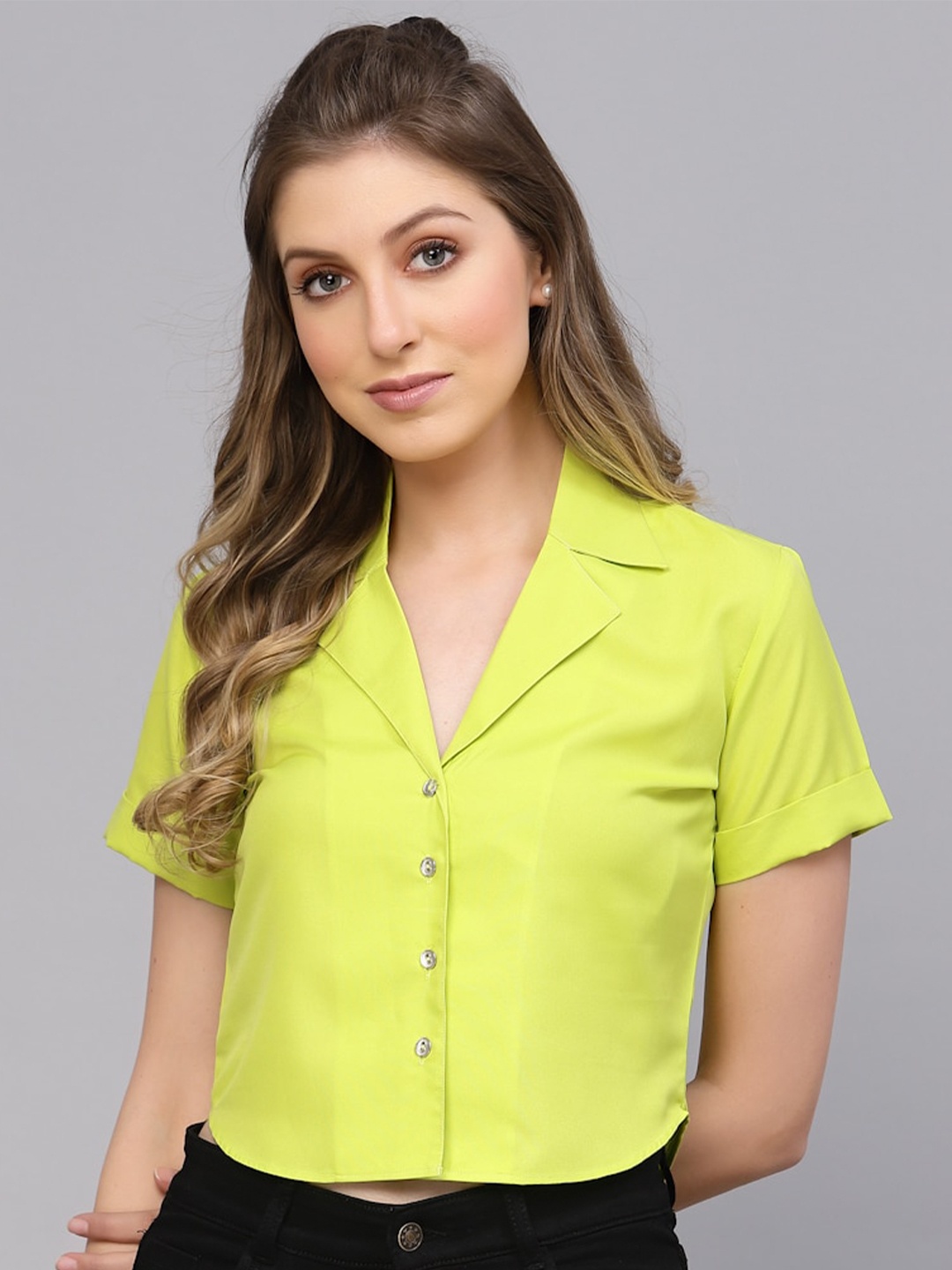 

Selvia Notched Lapel Collar Casual Shirt, Lime green