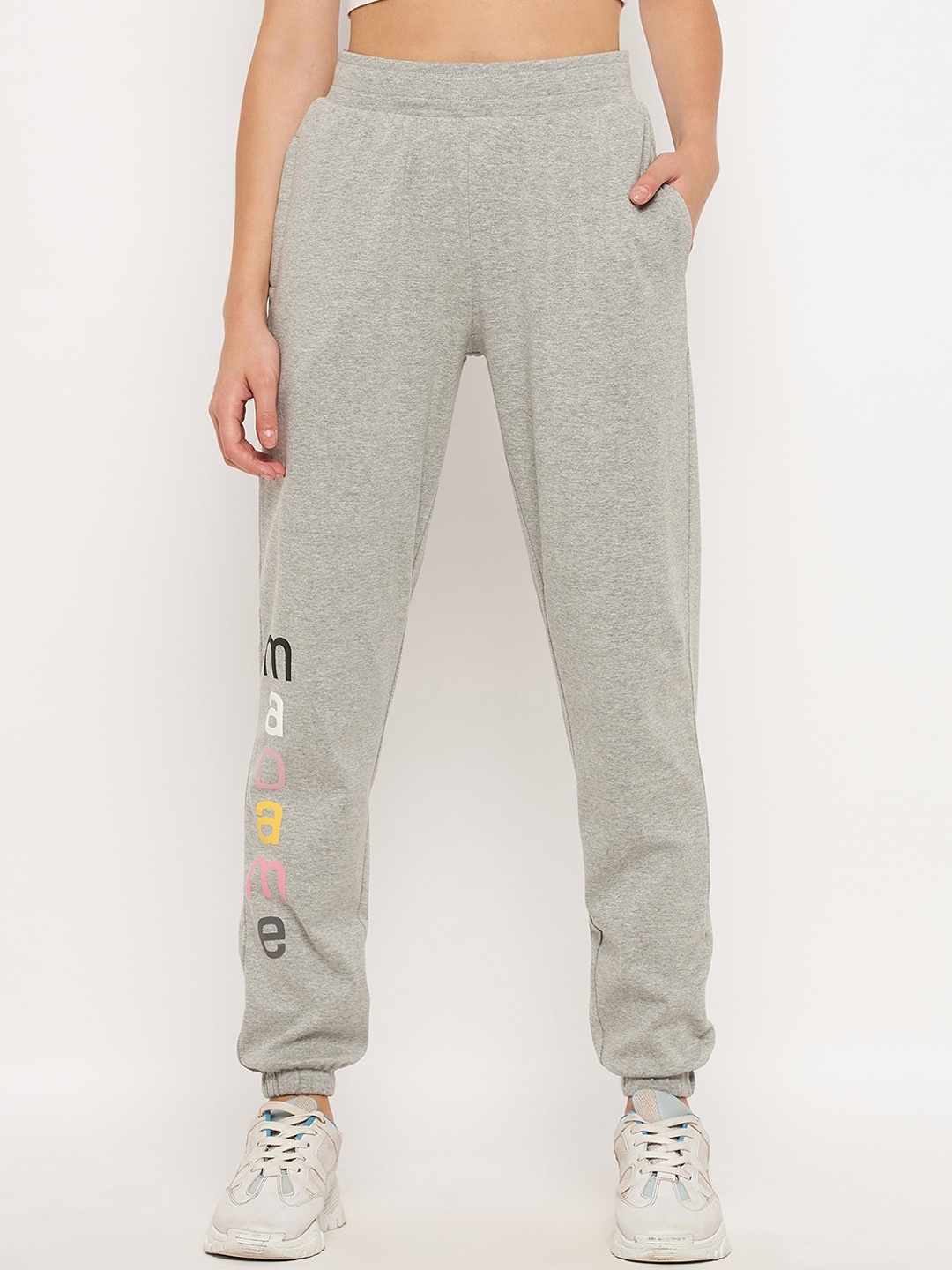 

Madame Women Printed Detail Regular Fit Cotton Joggers, Grey