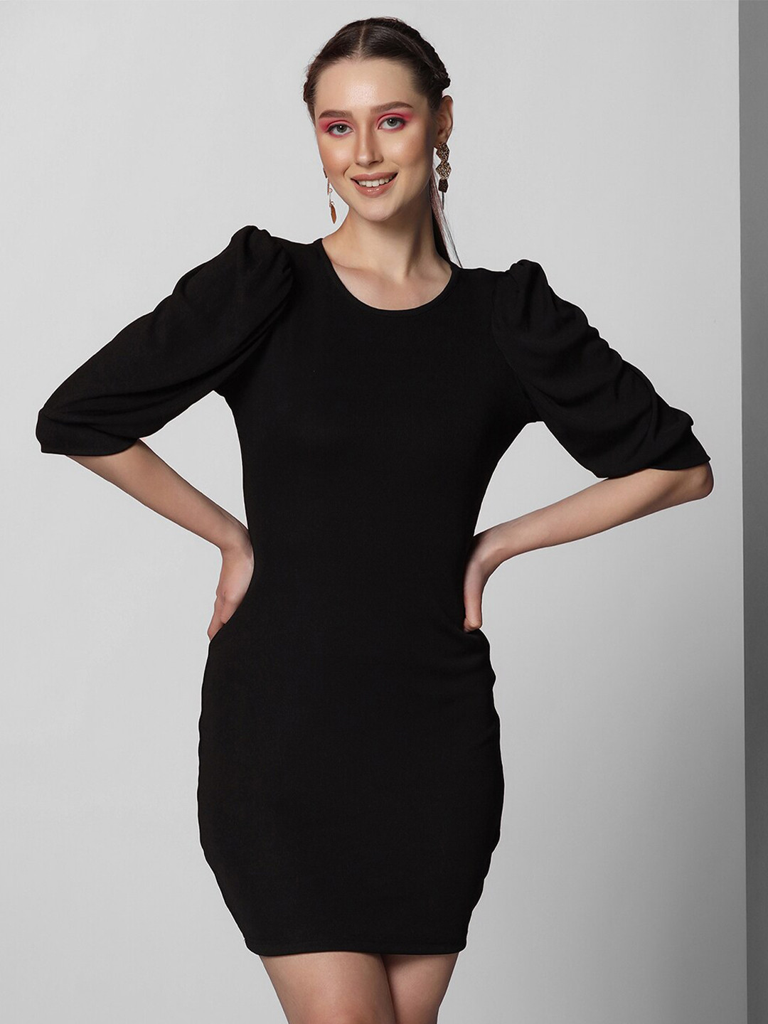 

Selvia Round Neck Puff Sleeves Bodycon Dress, Black