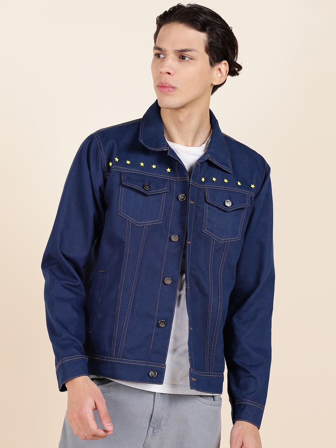 

MONTREZ Spread Collar Denim Jacket With Studs, Blue