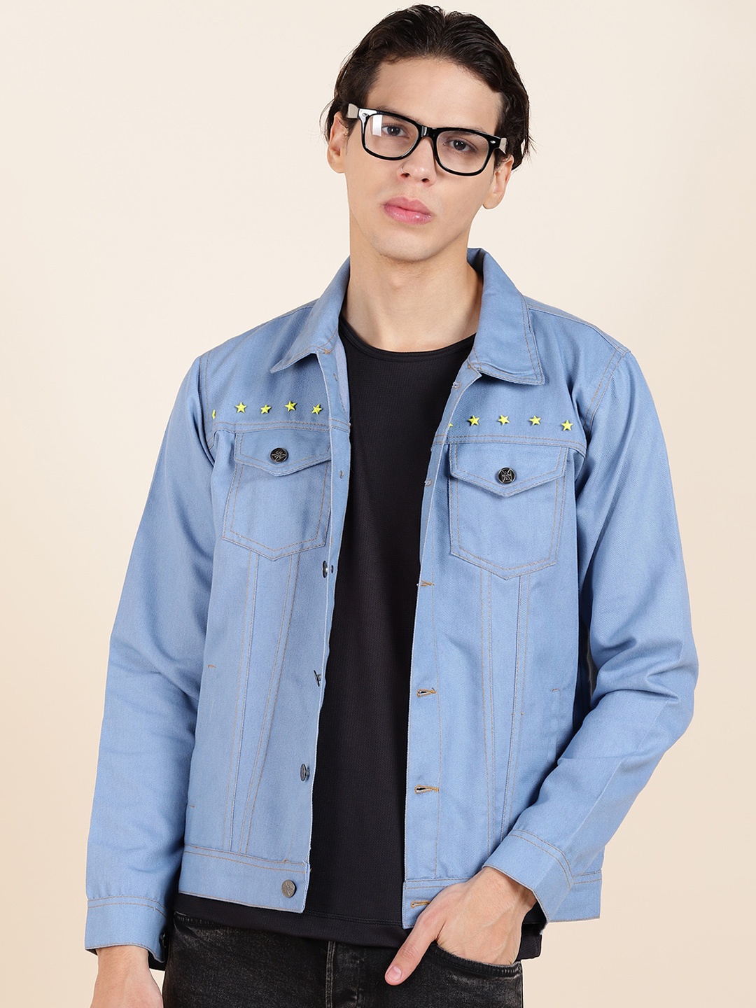 

MONTREZ Spread Collar Denim Jacket With Studs, Blue