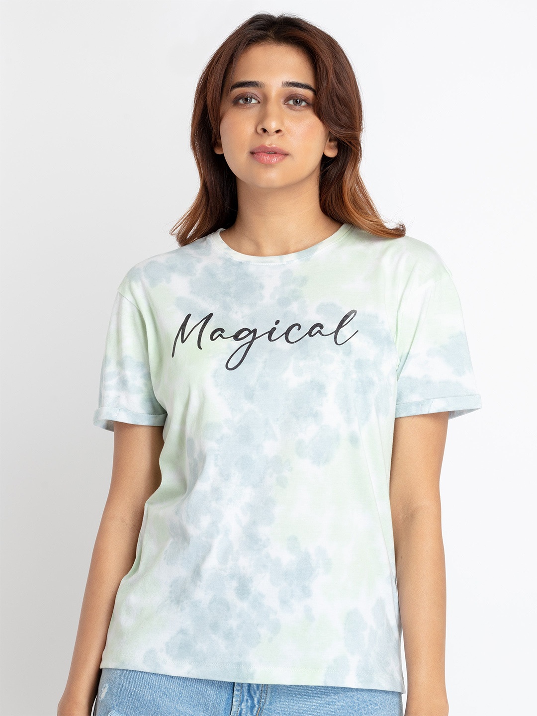 

Status Quo Women Tie & Dye Printed Pure Cotton T-shirt, Green