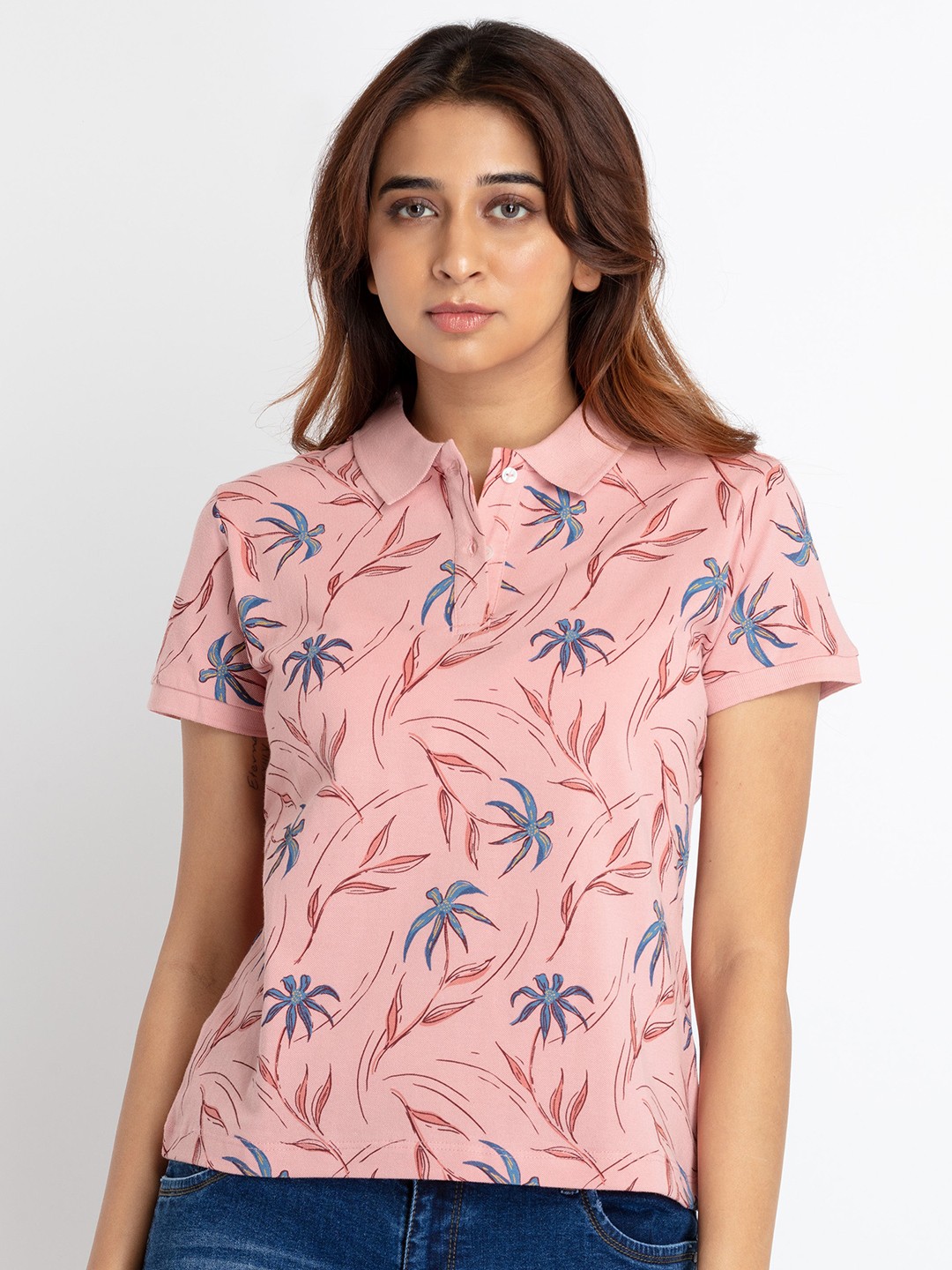 

Status Quo Floral Printed Polo Collar Casual T-shirt, Pink