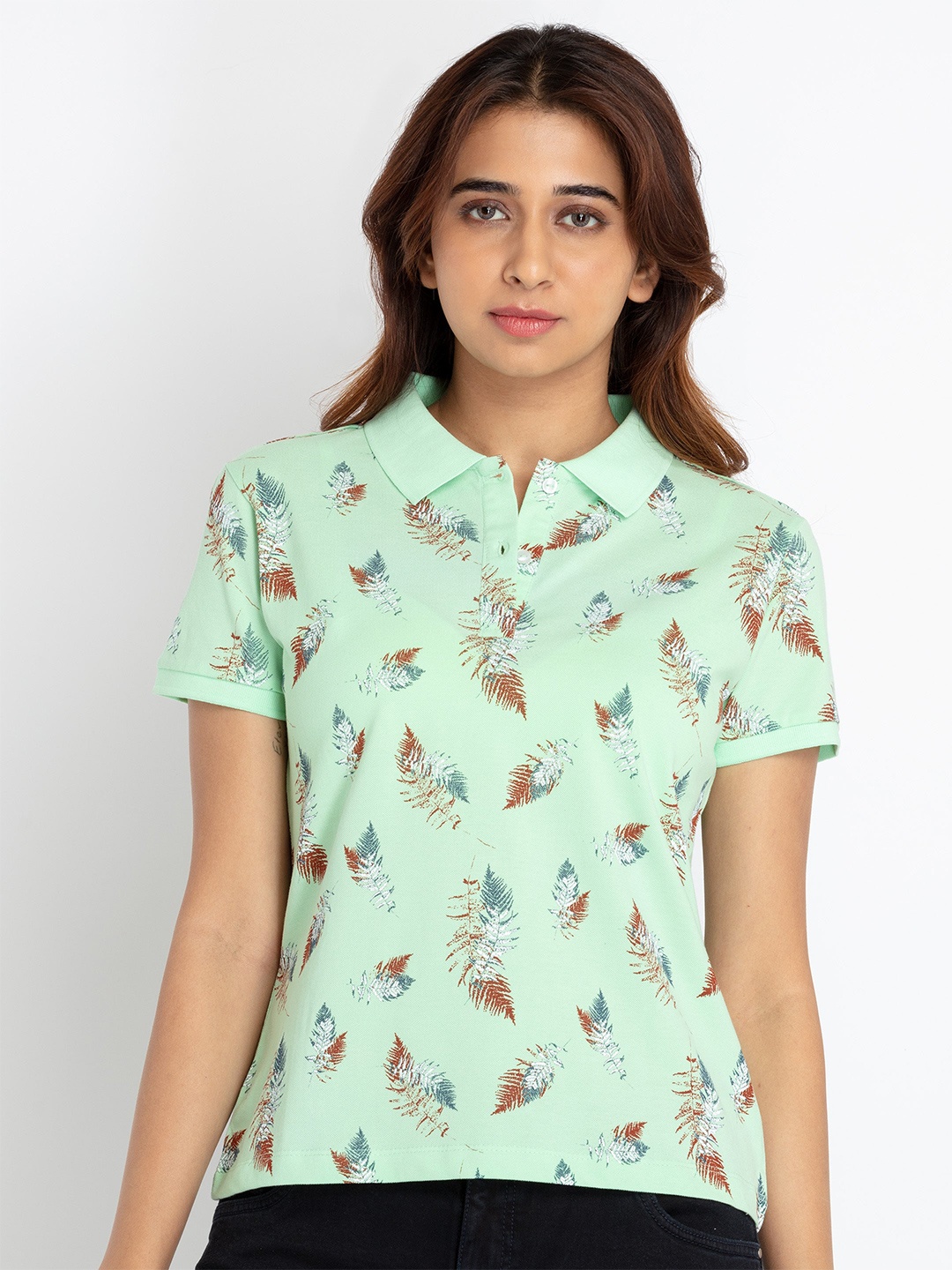 

Status Quo Women Tropical Printed Polo Collar Cotton T-shirt, Sea green