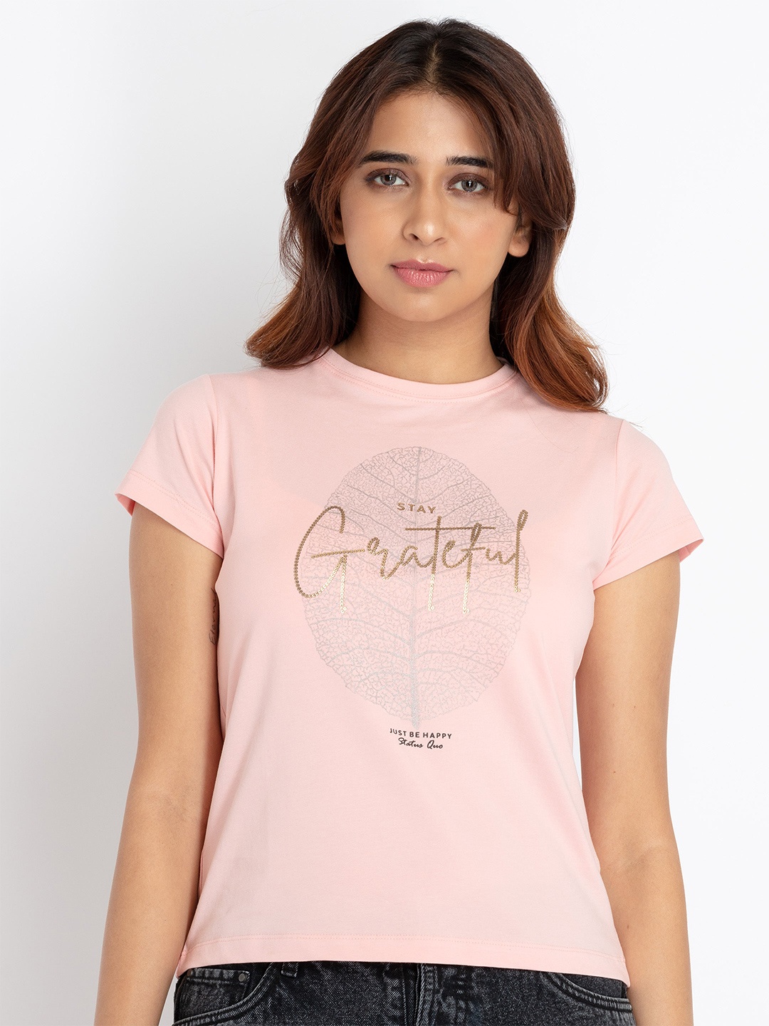 

Status Quo Women Typography Printed Round Neck Cotton T-shirt, Pink