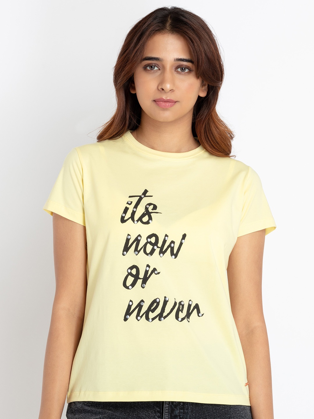 Status Quo Round Neck Typography Printed T-shirt, Yellow