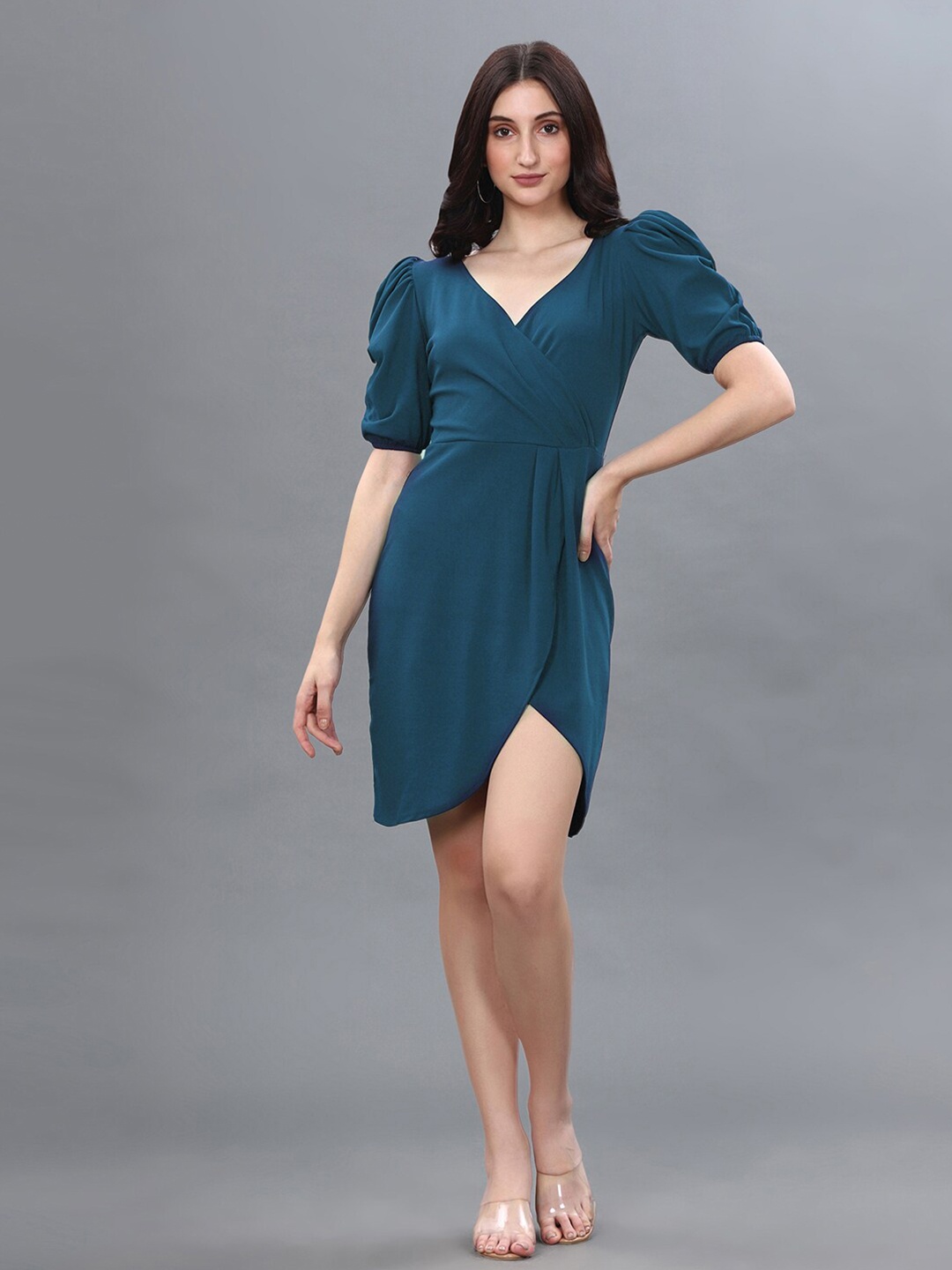 

Selvia V-Neck Puff Sleeves Wrap Dress, Teal