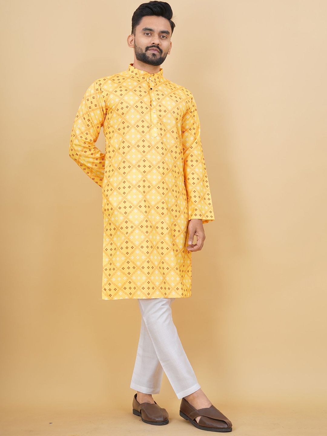 

PREMROOP- THE STYLE YOU LOVE Ethnic Motifs Printed Mandarin Collar Pure Cotton Kurta, Yellow